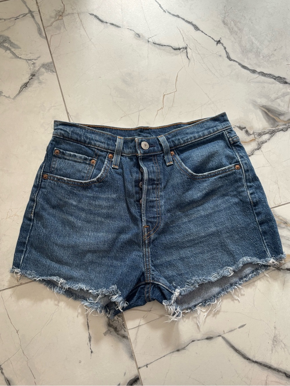 Levi's Dark Blue Frayed Hem Denim Shorts - Women